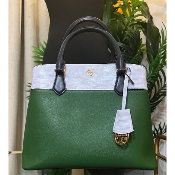 Tory Burch Womens Green & White Leather Robinson Tote - Pre-Owned - Picture 1 of 11